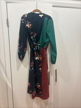 Ted Baker Mixed-Print Wrap Dress in Navy, Green & Red